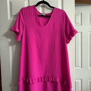 JODIFL Hot Pink V-Neck Ruffle Sleeve Tunic